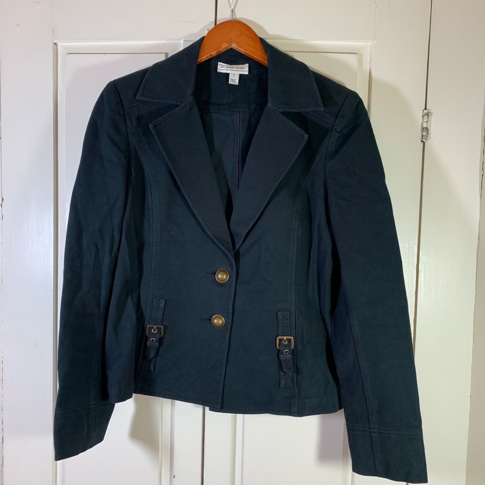St John Sport Womens Black Cotton Twill Tailored Blazer Jacket Size S Moto READ